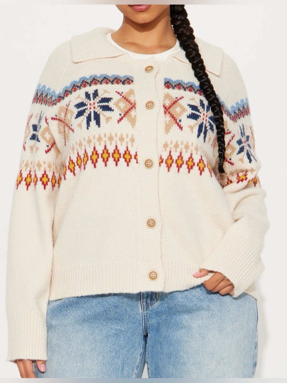Fashion Nova Cream Fair Isle Button-Front Cardigan with Multicolor Pattern
